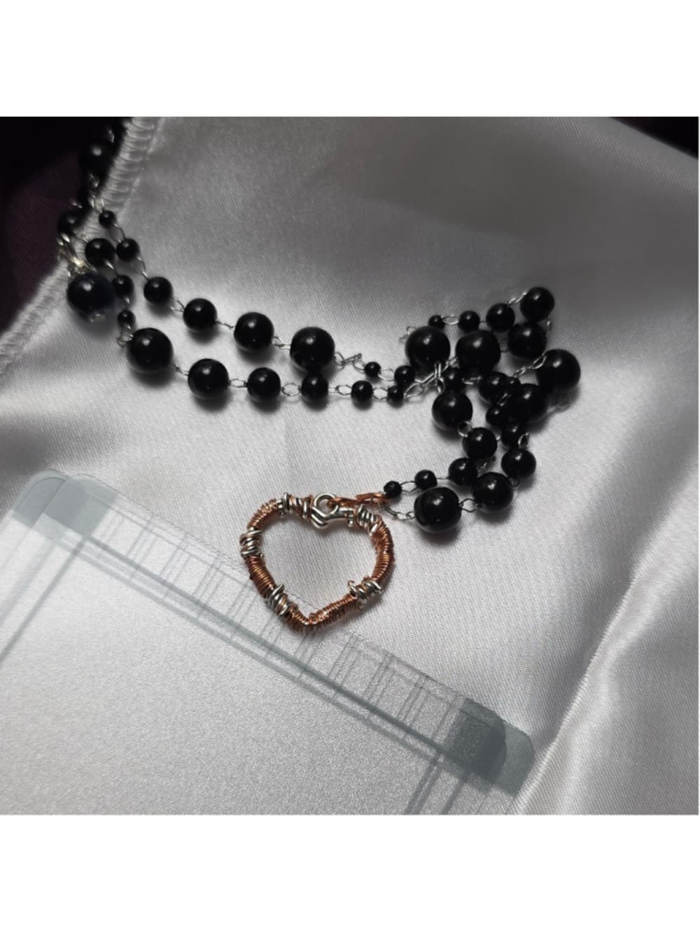 Handmade Black Onyx Beaded Copper Barbed Wire Heart Necklace Goth Alt Grunge - Thumbnail 2