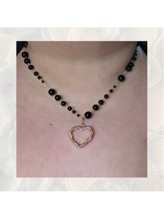 Handmade Black Onyx Beaded Copper Barbed Wire Heart Necklace Goth Alt Grunge - Thumbnail 7