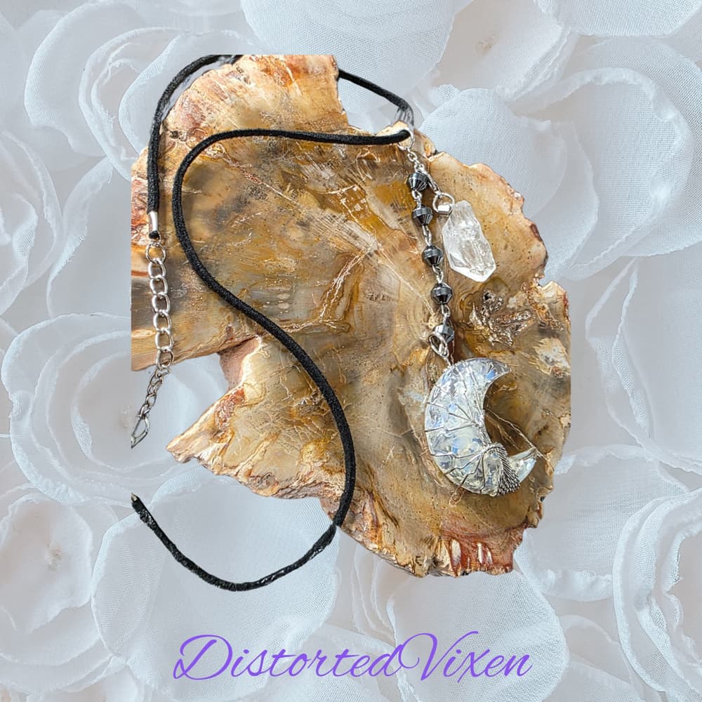 Opal-Filled Crescent Moon Necklace – with Clear Quartz Hematite - Thumbnail 8