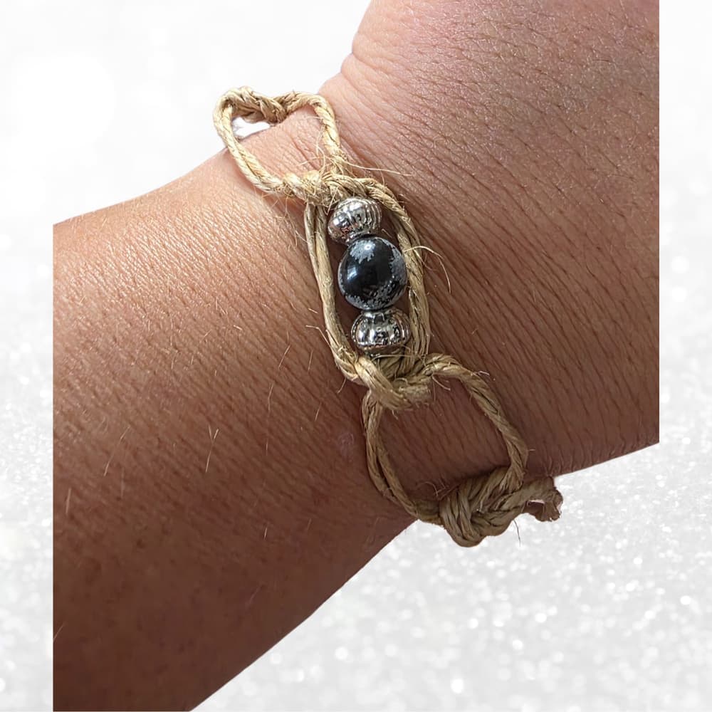 Snowflake Obsidian Hemp Bracelet - Nature-Inspired Gothic Armor Talisman - Boho - Thumbnail 6