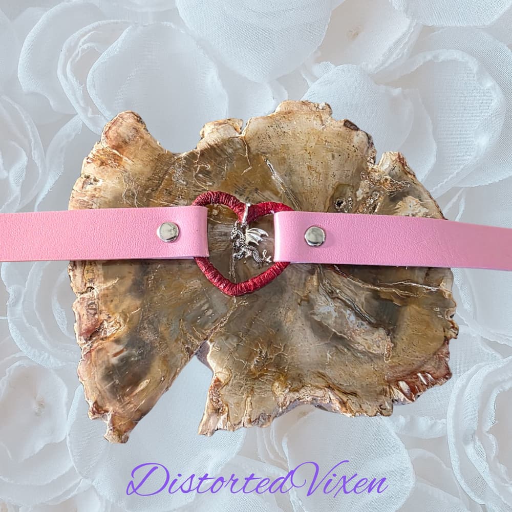 Pink Heart Choker Necklace with Dragon Charm – Adjustable Faux Leather Choker - Thumbnail 2