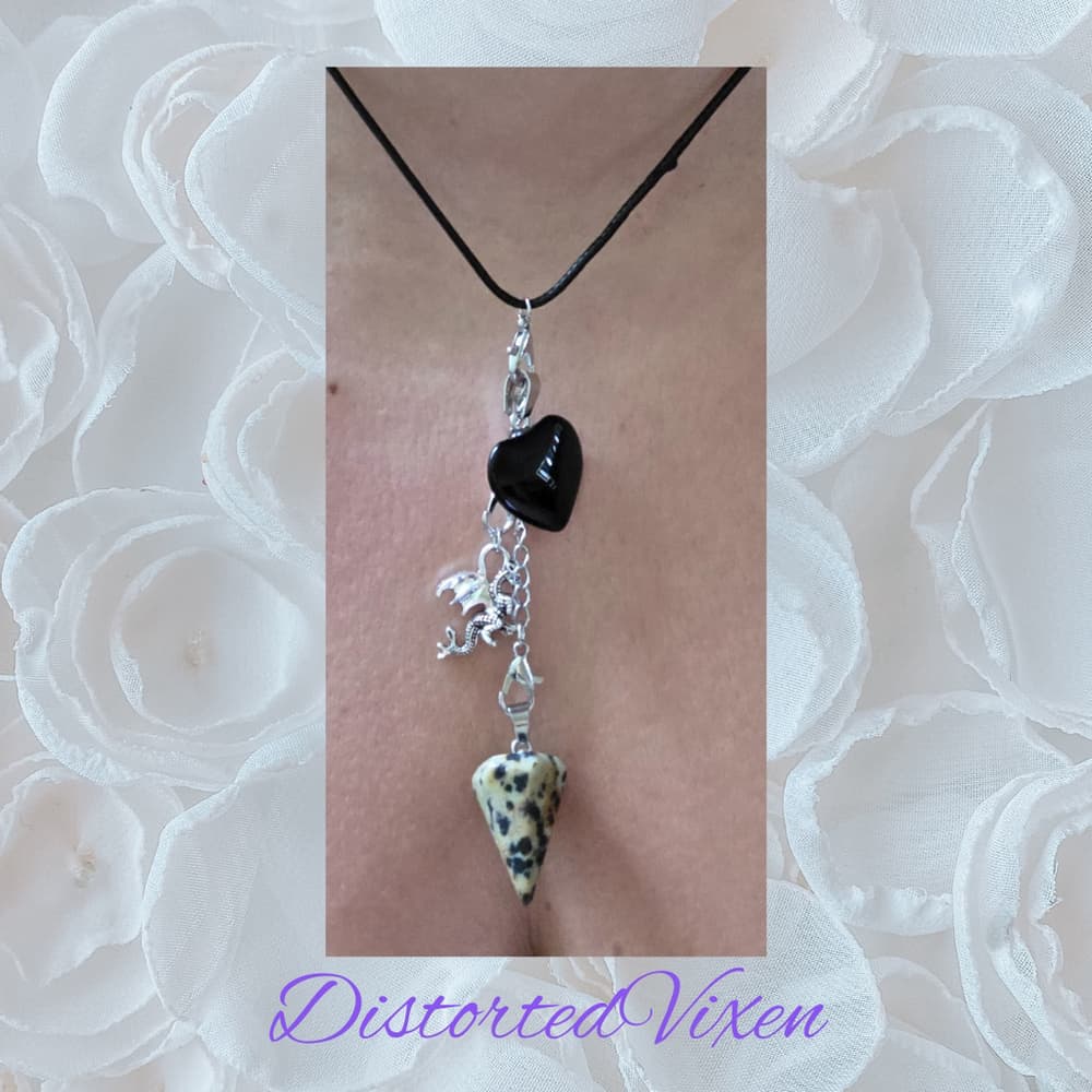Obsidian Heart Necklace • Dalmatian Jasper Pendulum • Dragon Charm Jewelry - Thumbnail 4