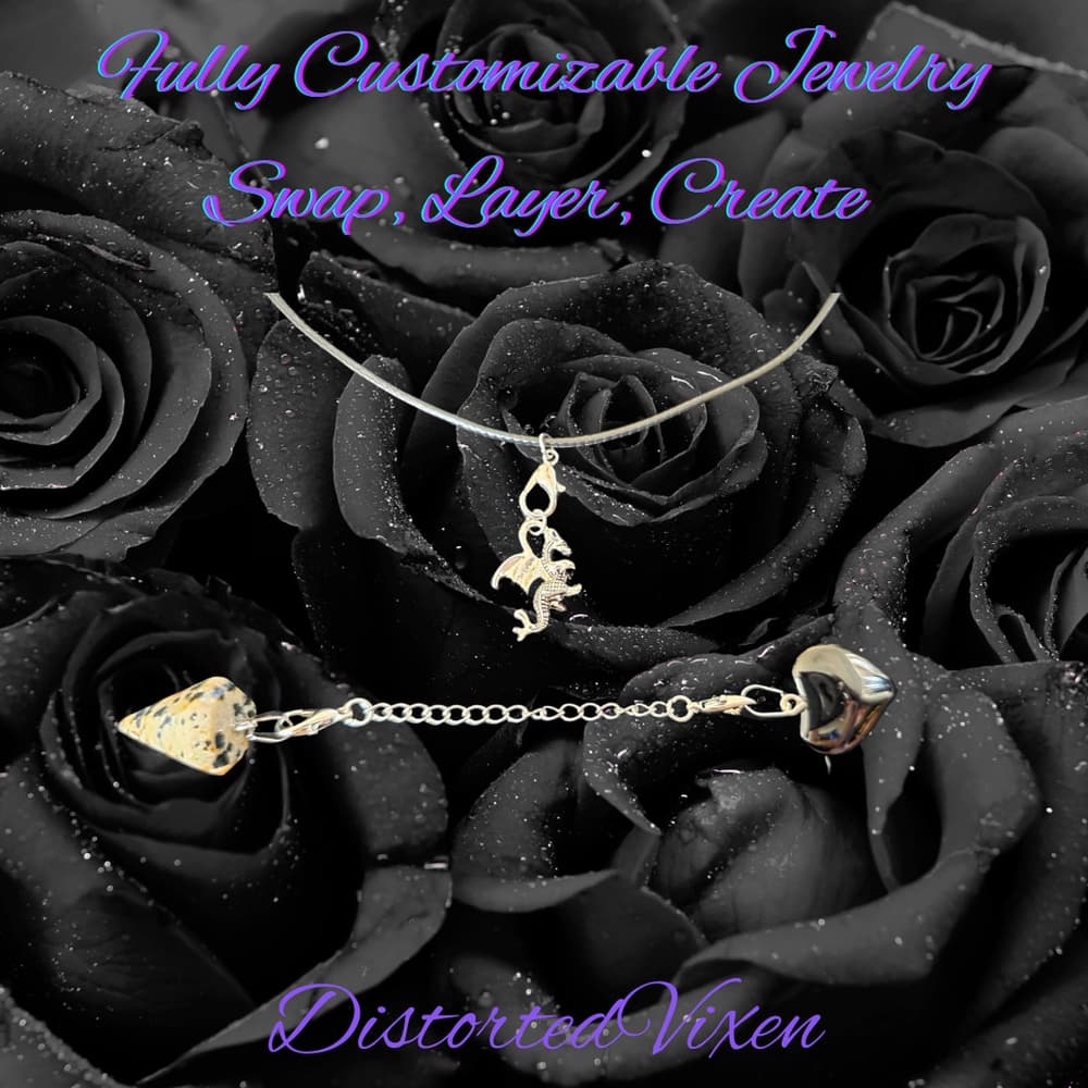 Obsidian Heart Necklace • Dalmatian Jasper Pendulum • Dragon Charm Jewelry - Thumbnail 2