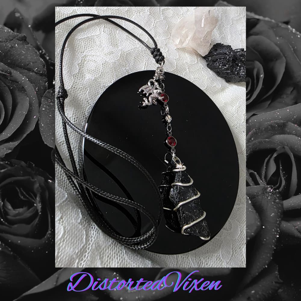 Raw Black Tourmaline "Dragon’s Protection" Necklace | Silver Wire Wrap & Dragon - Thumbnail 3