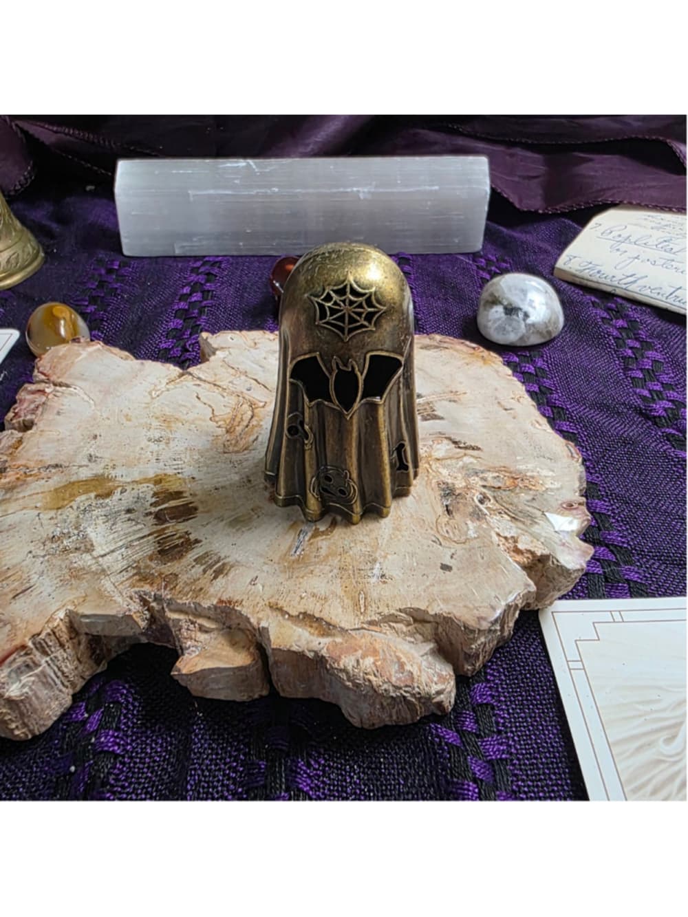 Gothic Brass Ghost Incense Burner | Spooky Halloween Bat & Spiderweb Figurine, M - Thumbnail 2
