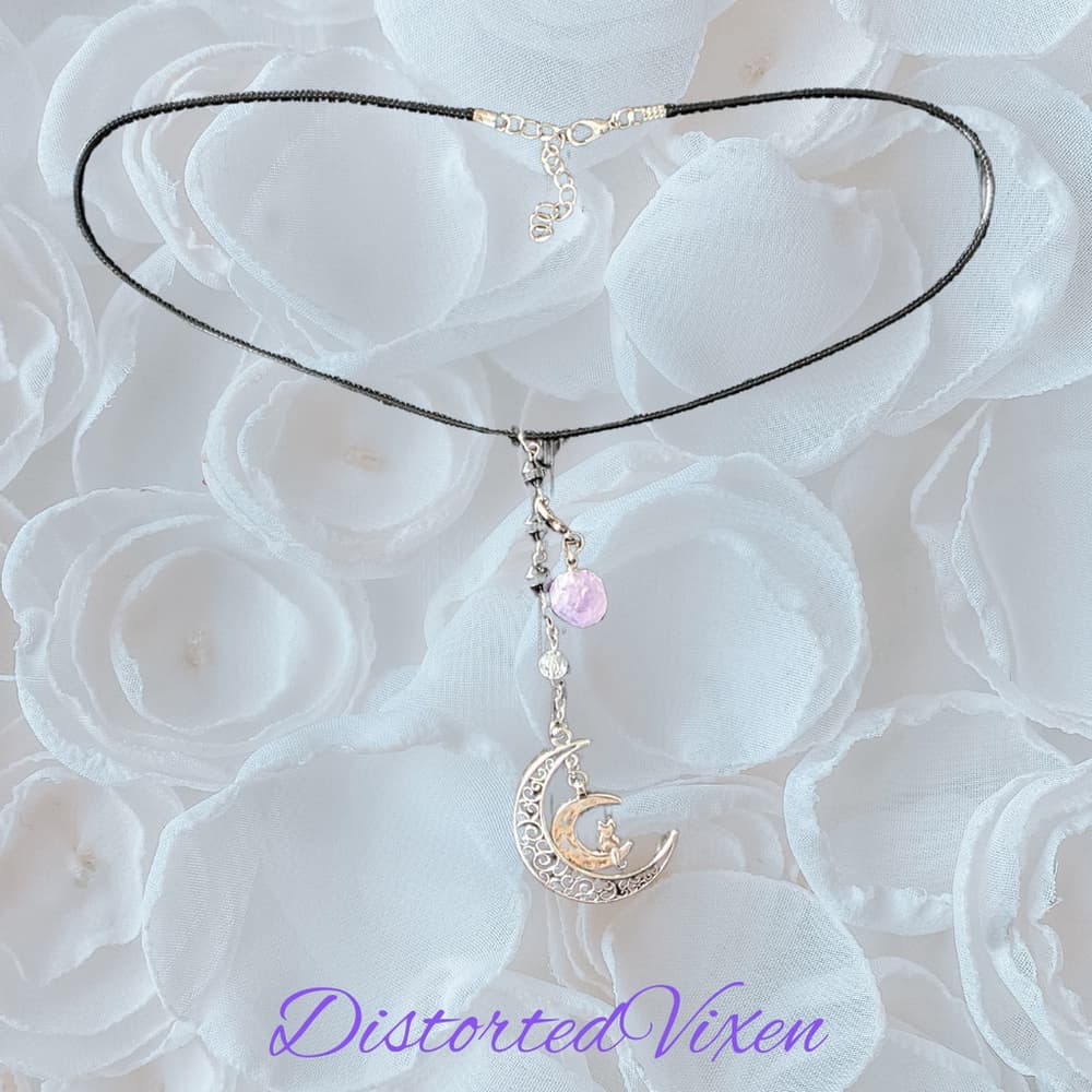 Crescent Moon Cat Necklace with Amethyst | Gothic Lunar Jewelry | Witchy Crystal - Thumbnail 6