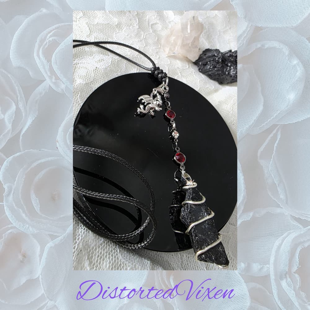 Raw Black Tourmaline "Dragon’s Protection" Necklace | Silver Wire Wrap & Dragon - Thumbnail 4