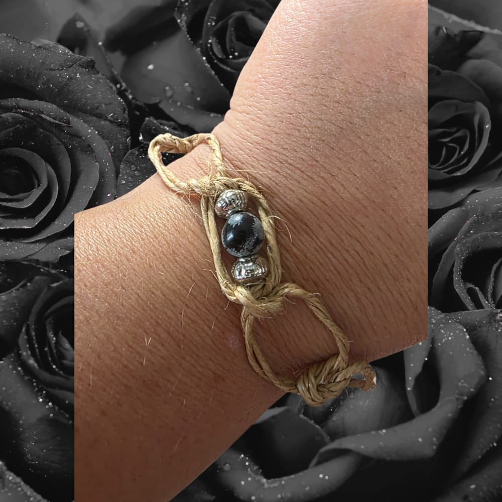 Snowflake Obsidian Hemp Bracelet - Nature-Inspired Gothic Armor Talisman - Boho - Thumbnail 7