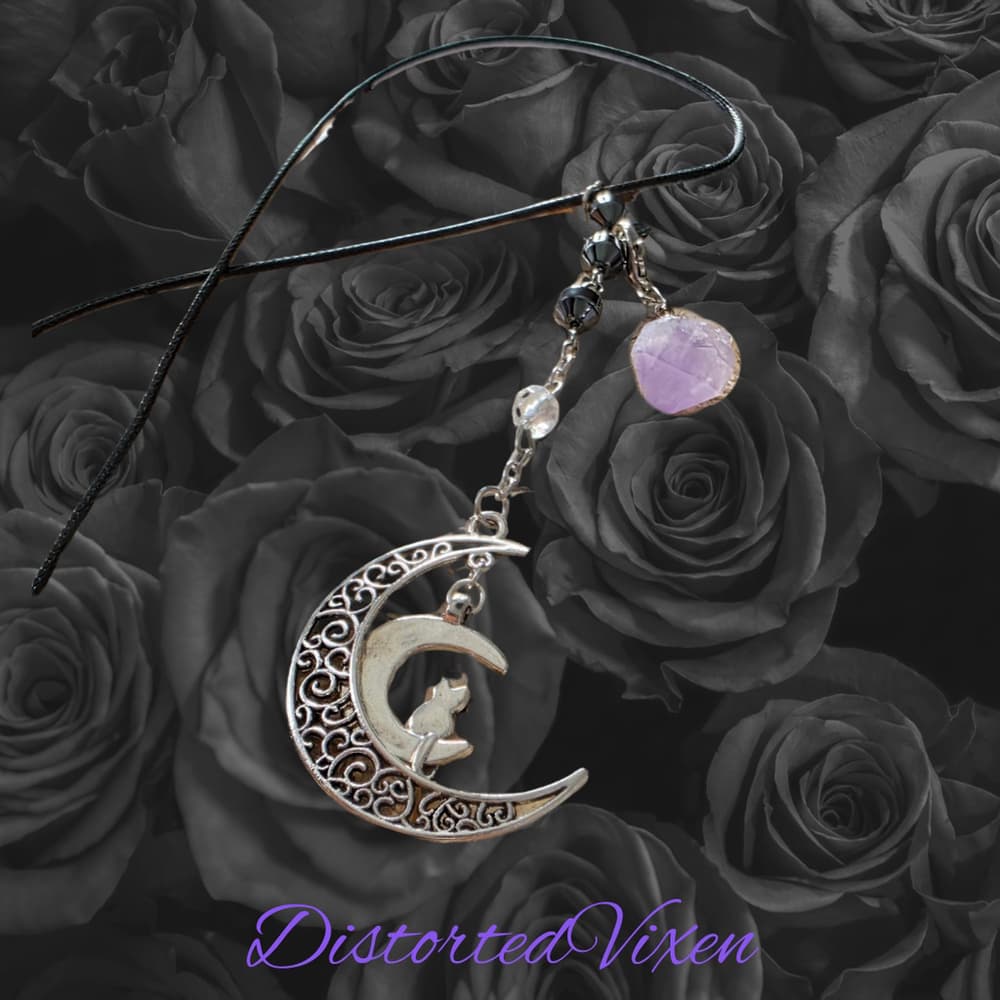 Crescent Moon Cat Necklace with Amethyst | Gothic Lunar Jewelry | Witchy Crystal - Thumbnail 2