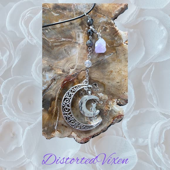 Crescent Moon Cat Necklace with Amethyst | Gothic Lunar Jewelry | Witchy Crystal - Thumbnail 11