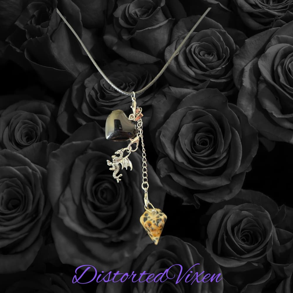 Obsidian Heart Necklace • Dalmatian Jasper Pendulum • Dragon Charm Jewelry - Thumbnail 6