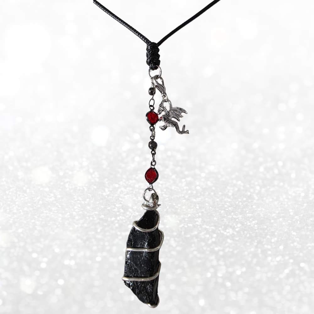 Raw Black Tourmaline "Dragon’s Protection" Necklace | Silver Wire Wrap & Dragon - Thumbnail 5