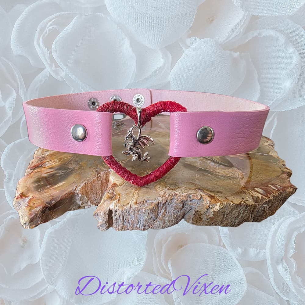Pink Heart Choker Necklace with Dragon Charm – Adjustable Faux Leather Choker - Thumbnail 5