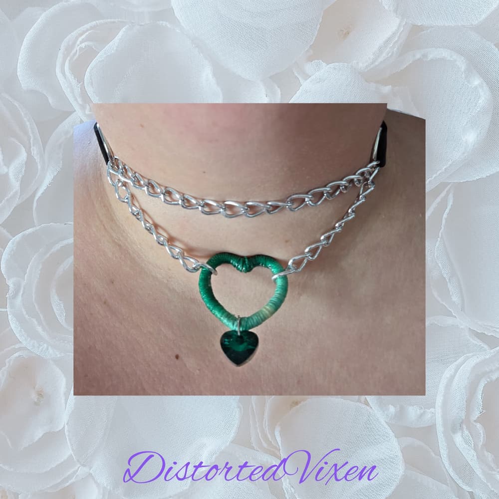 Green Heart Chain Choker Necklace – Gothic Choker with Emerald Crystal - Thumbnail 8