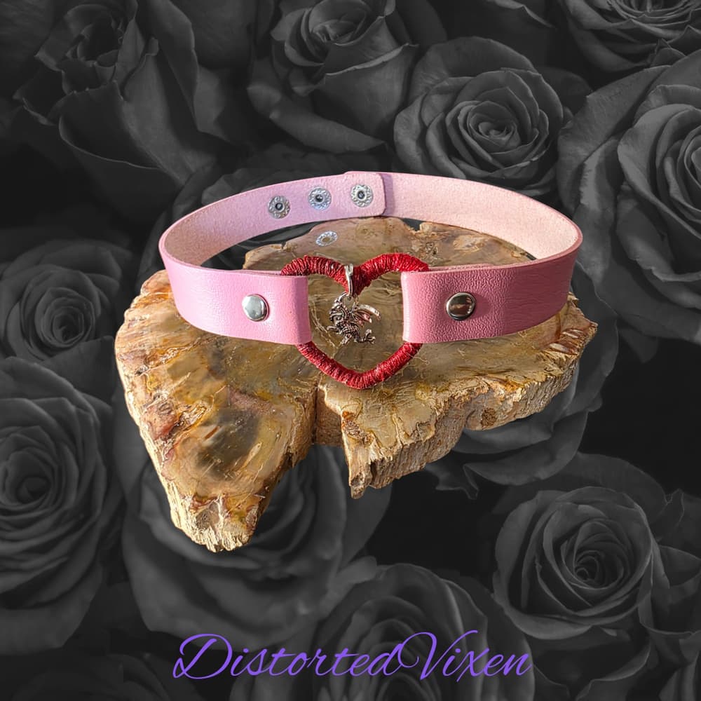 Pink Heart Choker Necklace with Dragon Charm – Adjustable Faux Leather Choker - Thumbnail 4