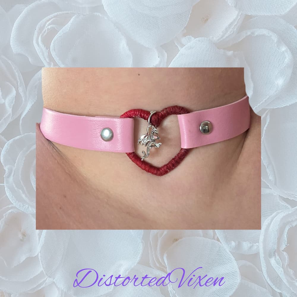 Pink Heart Choker Necklace with Dragon Charm – Adjustable Faux Leather Choker - Thumbnail 6