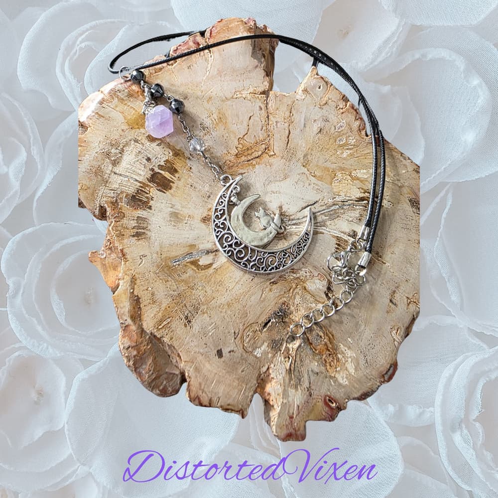 Crescent Moon Cat Necklace with Amethyst | Gothic Lunar Jewelry | Witchy Crystal - Thumbnail 7