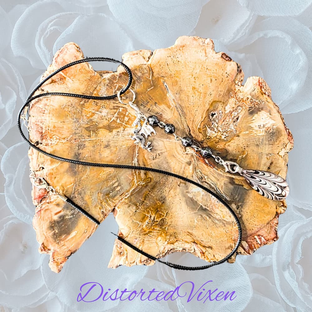 Dragon Charm Necklace with Burgundy Lace Glass & Hematite – Gothic Protection - Thumbnail 5