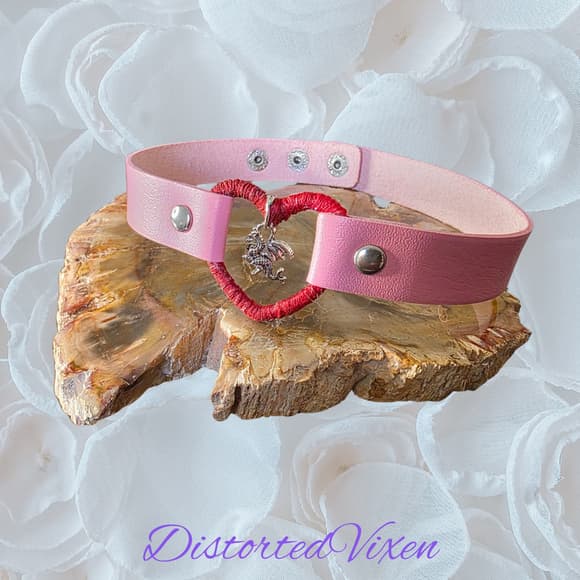 Pink Heart Choker Necklace with Dragon Charm – Adjustable Faux Leather Choker - Thumbnail 9