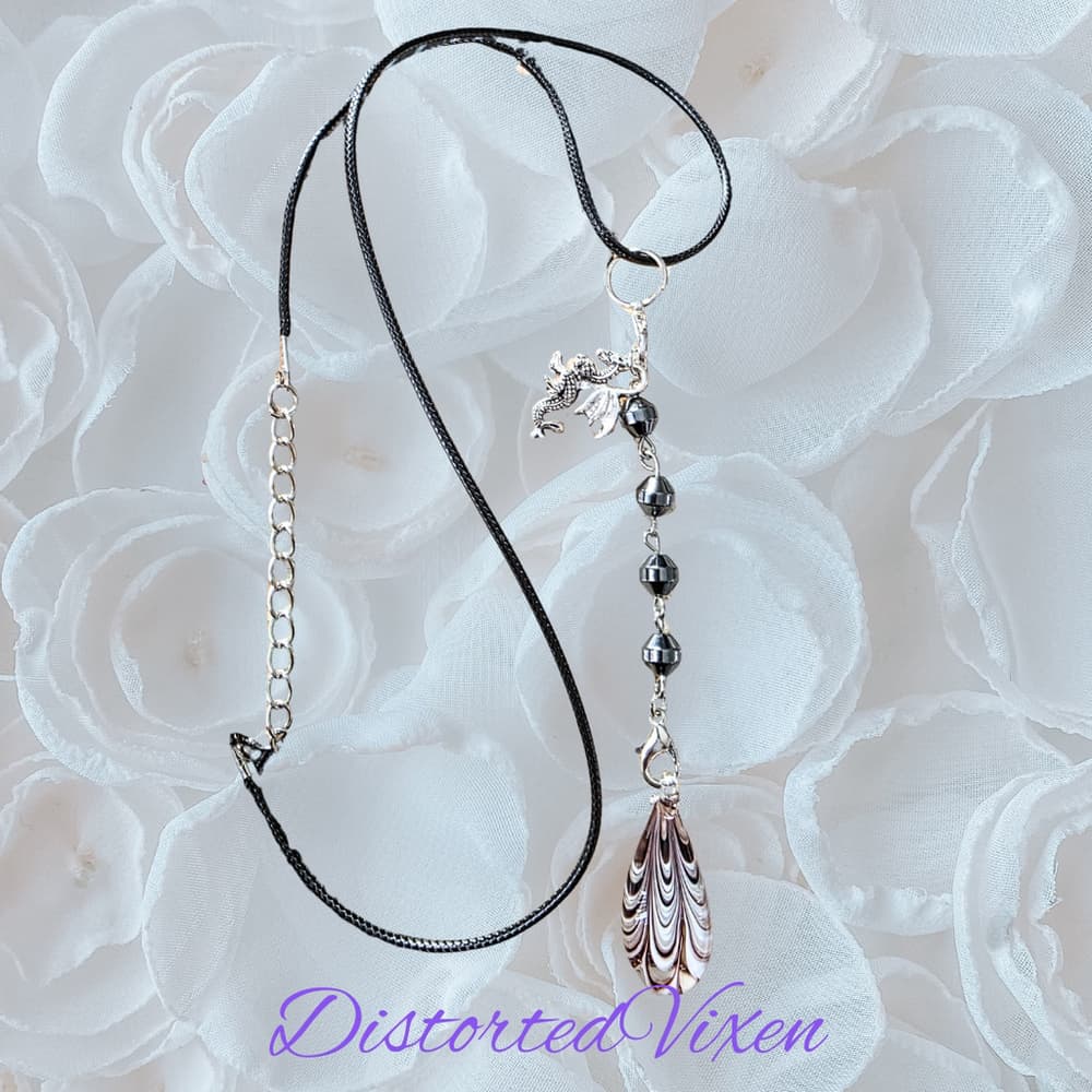 Dragon Charm Necklace with Burgundy Lace Glass & Hematite – Gothic Protection - Thumbnail 4