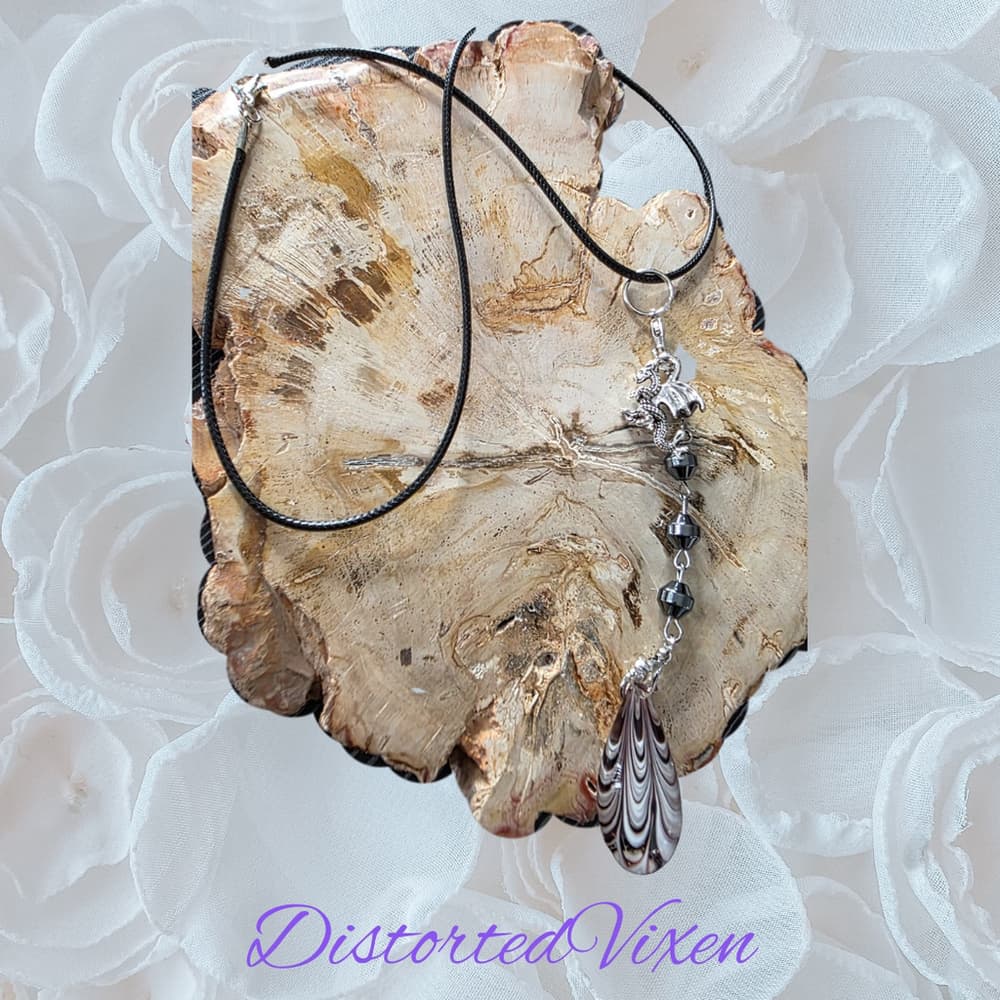 Dragon Charm Necklace with Burgundy Lace Glass & Hematite – Gothic Protection - Thumbnail 2