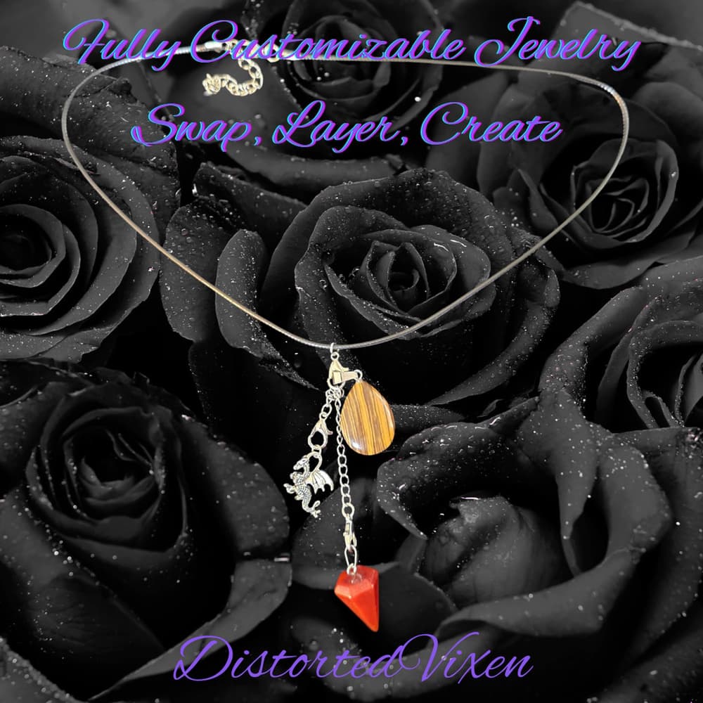 Red Jasper Pendulum & Tiger’s Eye Necklace, Interchangeable Charm Necklace - Thumbnail 2