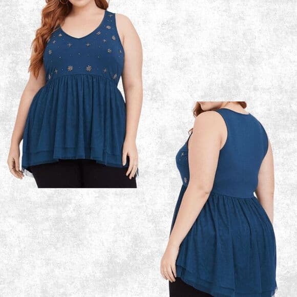 Torrid Star Embellished Mesh Babydoll Top – Plus Size 1 (14–16) | Celestial Blue - Thumbnail 9