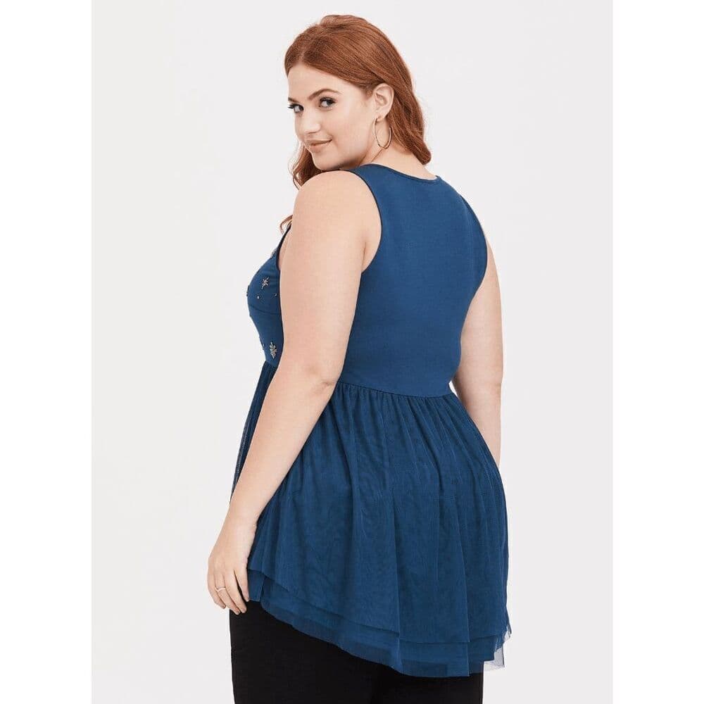 Torrid Star Embellished Mesh Babydoll Top – Plus Size 1 (14–16) | Celestial Blue
