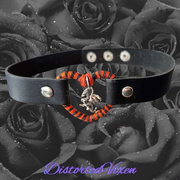 Dragon Heart Leather Collar, Orange and Black Striped Choker, Goth Alt Aesthetic - Thumbnail 9