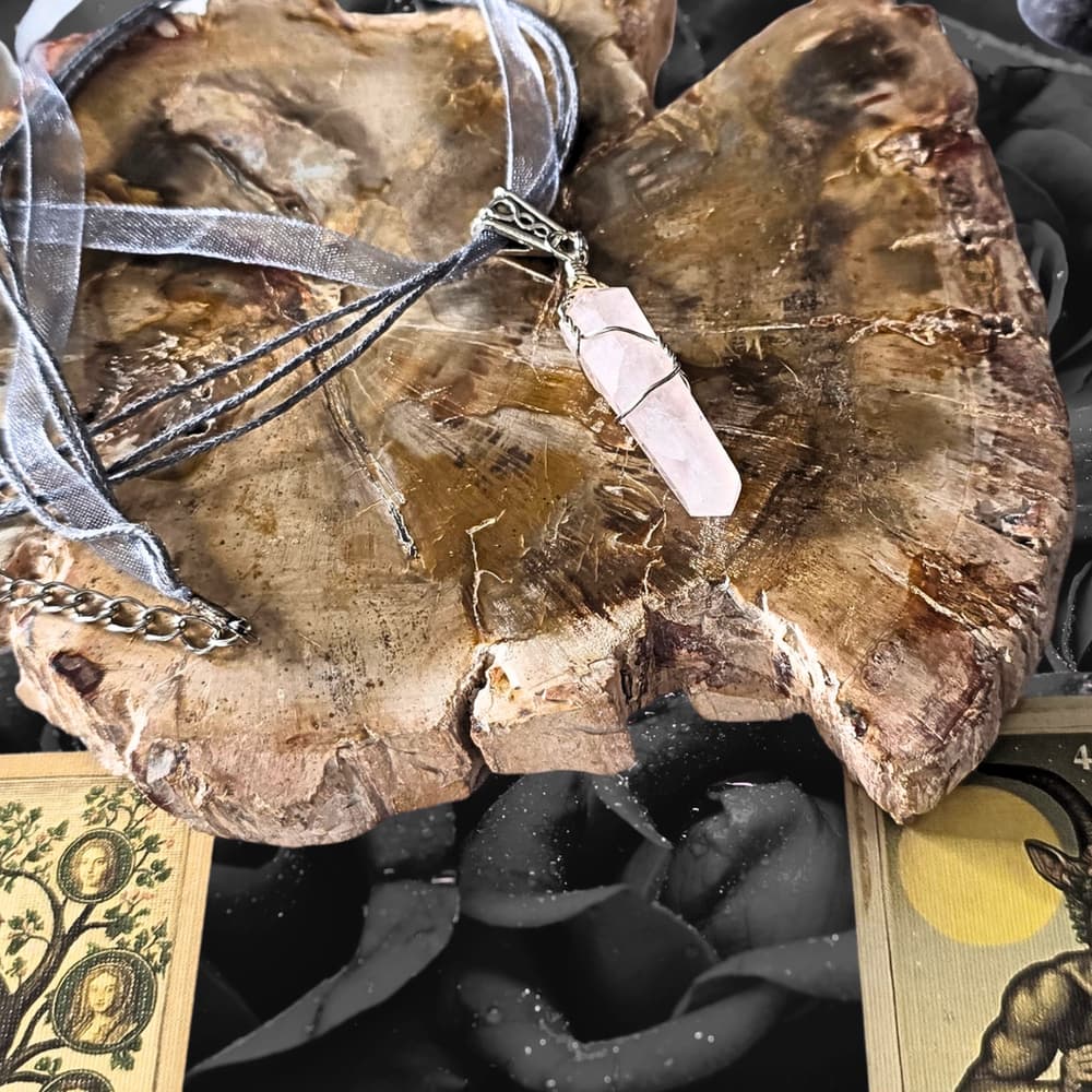 Rose Quartz Crystal Point Necklace | Wire Wrapped Pendulum & Choker - Thumbnail 2
