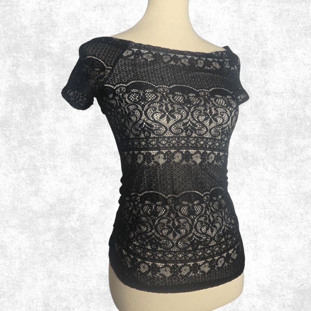 by & by Black Lace Overlay Short Sleeve Blouse – Size Small | Sheer Fitted Top - Thumbnail 5
