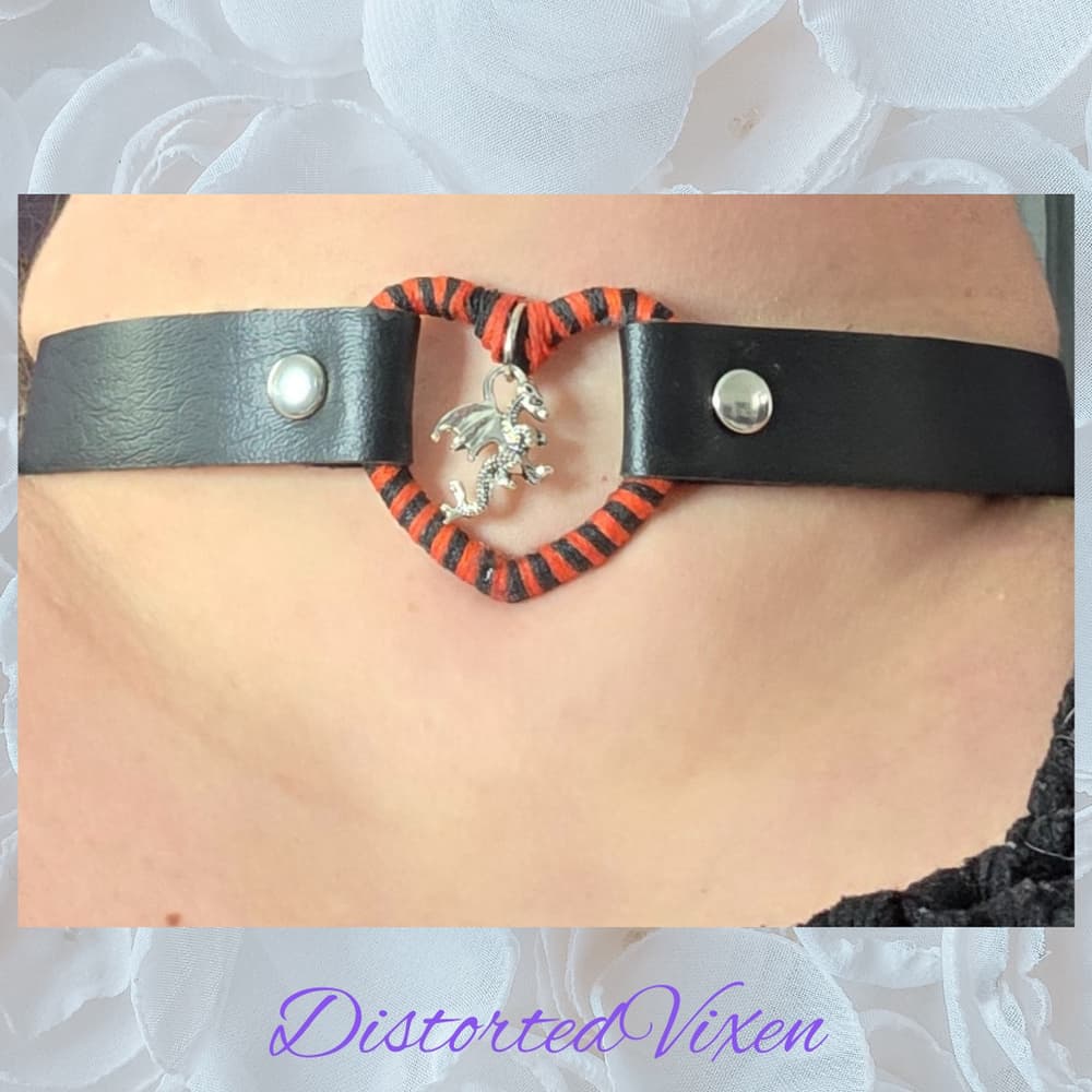 Dragon Heart Leather Collar, Orange and Black Striped Choker, Goth Alt Aesthetic - Thumbnail 7