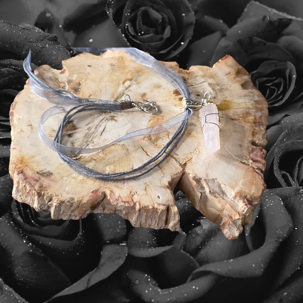 Rose Quartz Crystal Point Necklace | Wire Wrapped Pendulum & Choker - Thumbnail 5
