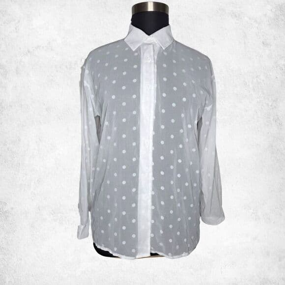 White Polka Dot Button Down Blouse 2XL – Sheer Lightweight Long Sleeve Top - Thumbnail 8