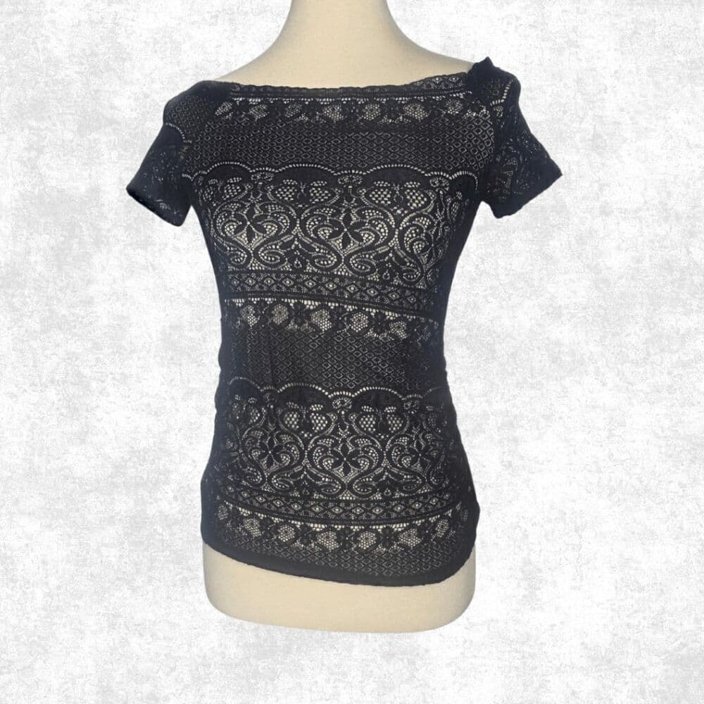 by & by Black Lace Overlay Short Sleeve Blouse – Size Small | Sheer Fitted Top - Thumbnail 4