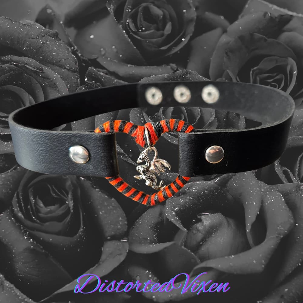 Dragon Heart Leather Collar, Orange and Black Striped Choker, Goth Alt Aesthetic - Thumbnail 8