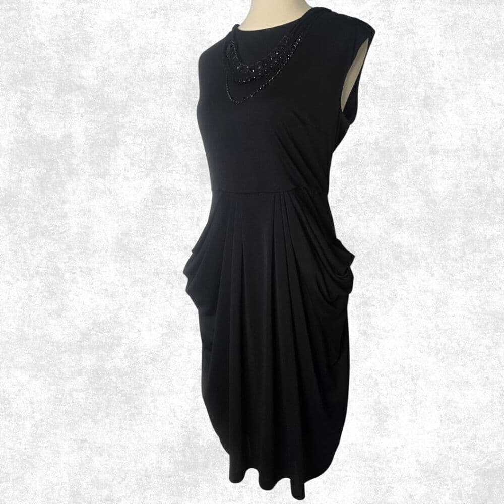 BCBGMAXAZRIA Black Draped Sheath Dress – M | Beaded Collar + Pockets | Luxe Glam - Thumbnail 2