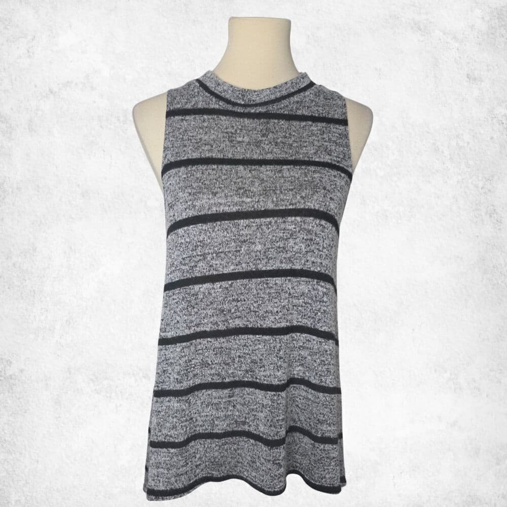 Gray Striped Knit Tank Medium Keyhole-Back Sleeveless Soft Heather Casual Layer - Thumbnail 6