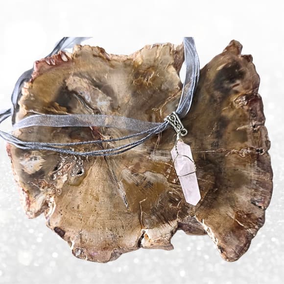 Rose Quartz Crystal Point Necklace | Wire Wrapped Pendulum & Choker - Thumbnail 9