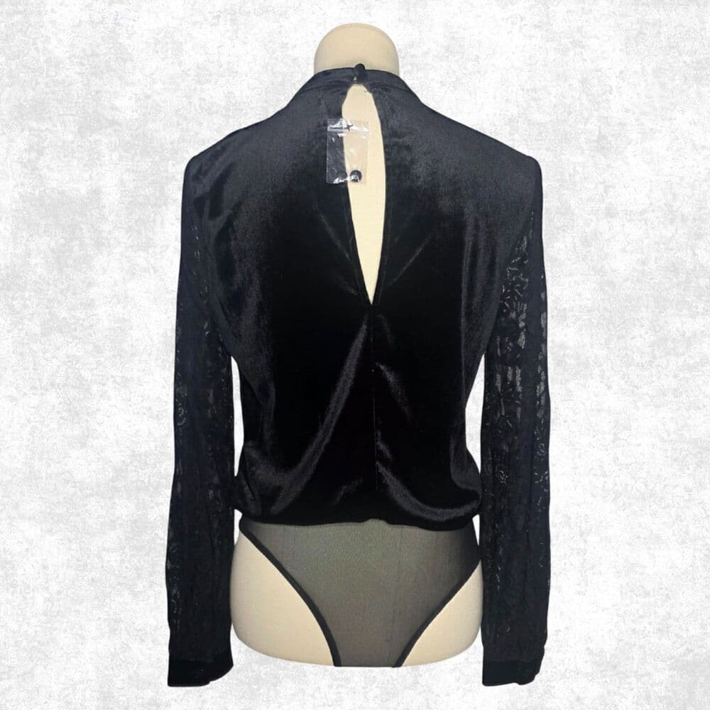 Jealous Tomato Black Velvet Lace Sleeve Bodysuit – Goth Glam Keyhole Back S