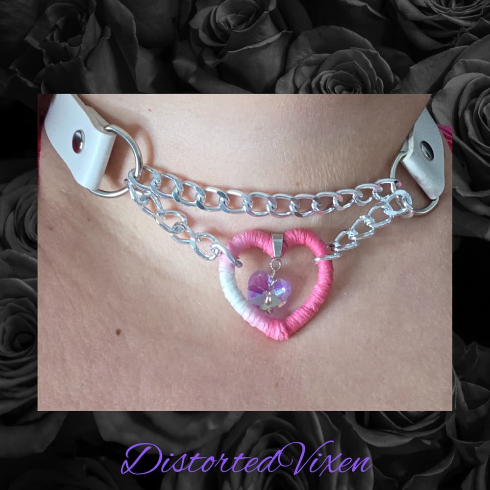 Pink & White Heart Choker Wrapped Fiber Heart with Crystal Charm - Thumbnail 7