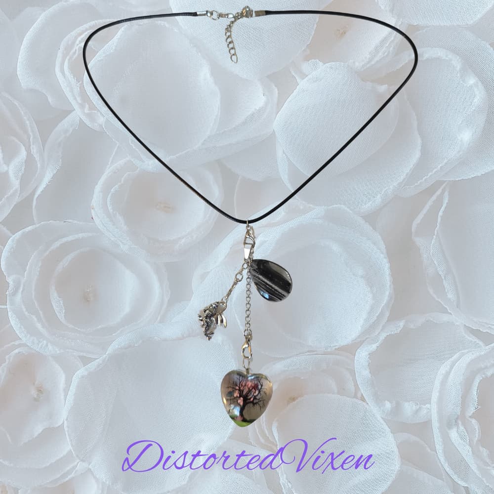 Tree of Life Dragon Necklace Resin Heart and Black Glass Teardrop Pendant - Thumbnail 7