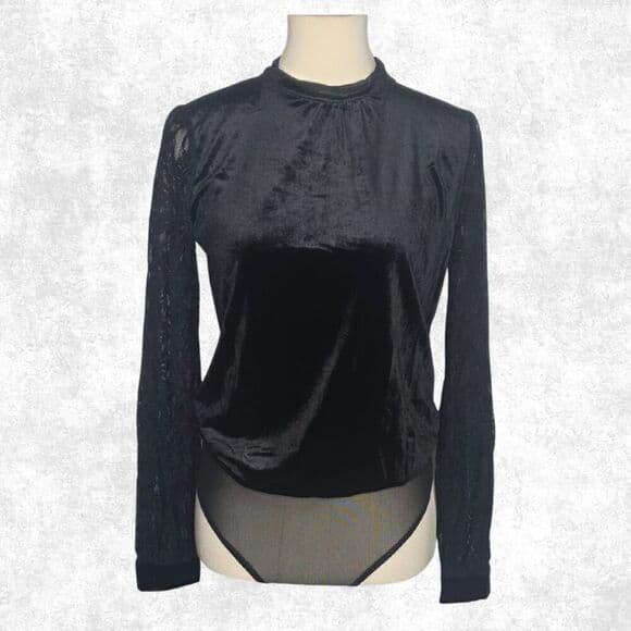 Jealous Tomato Black Velvet Lace Sleeve Bodysuit – Goth Glam Keyhole Back S - Thumbnail 8