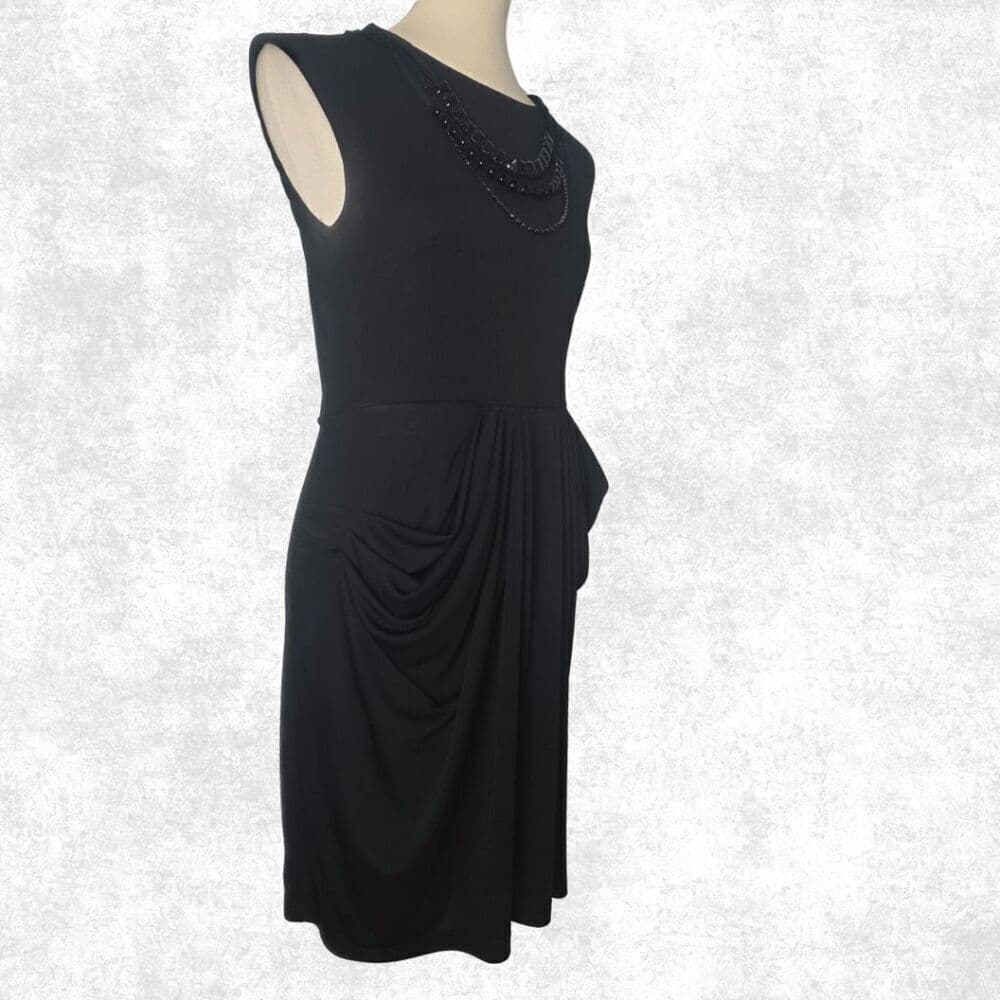 BCBGMAXAZRIA Black Draped Sheath Dress – M | Beaded Collar + Pockets | Luxe Glam - Thumbnail 3