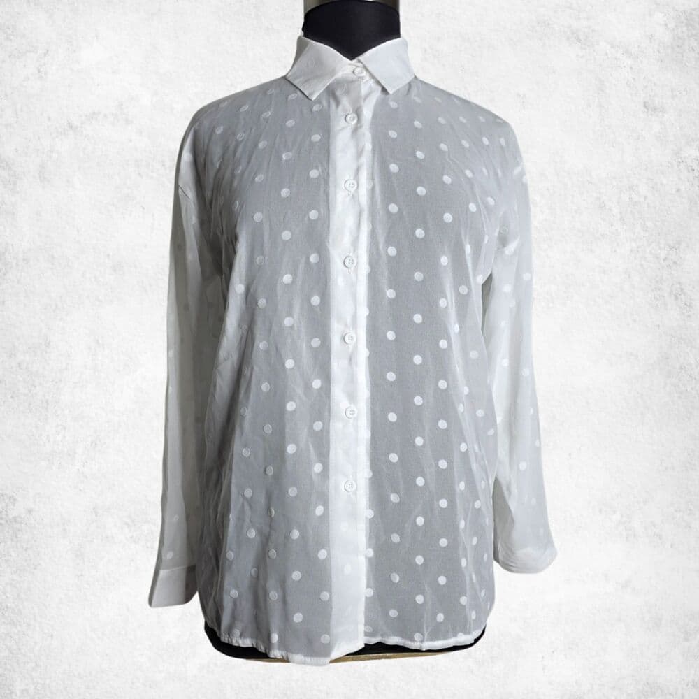 White Polka Dot Button Down Blouse 2XL – Sheer Lightweight Long Sleeve Top - Thumbnail 5