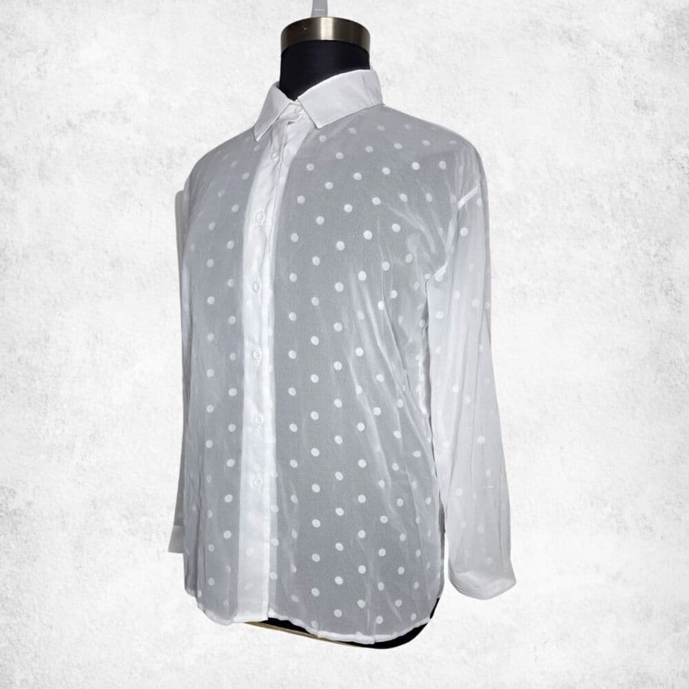 White Polka Dot Button Down Blouse 2XL – Sheer Lightweight Long Sleeve Top - Thumbnail 4