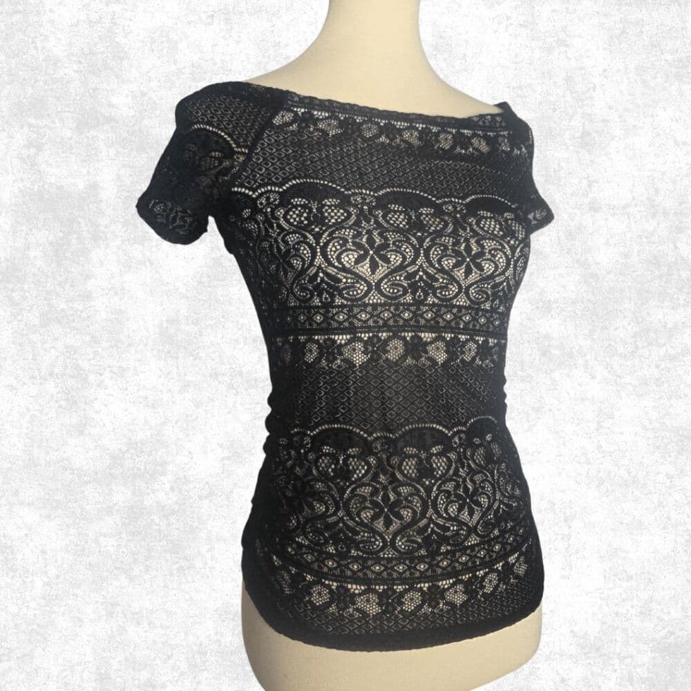 by & by Black Lace Overlay Short Sleeve Blouse – Size Small | Sheer Fitted Top - Thumbnail 3