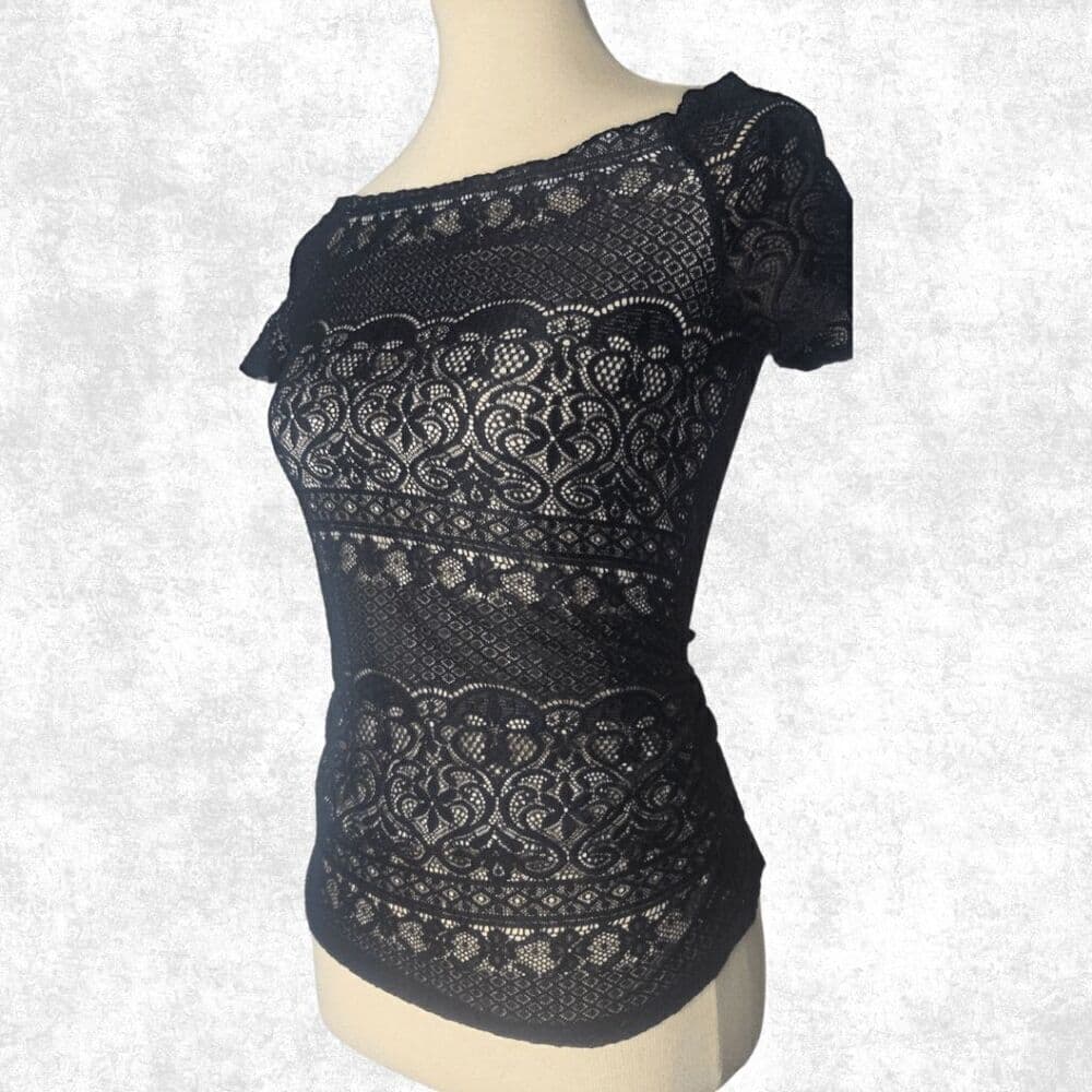 by & by Black Lace Overlay Short Sleeve Blouse – Size Small | Sheer Fitted Top