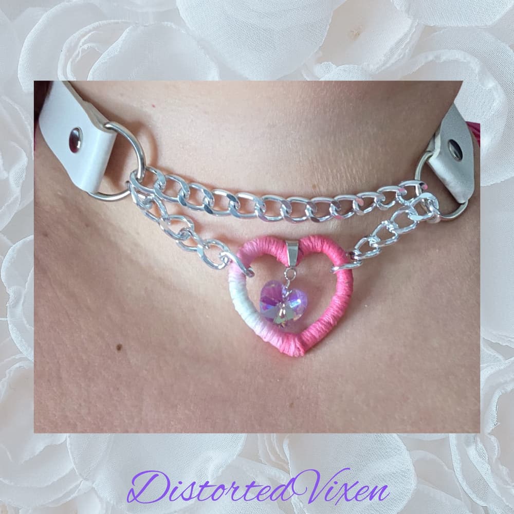 Pink & White Heart Choker Wrapped Fiber Heart with Crystal Charm - Thumbnail 3