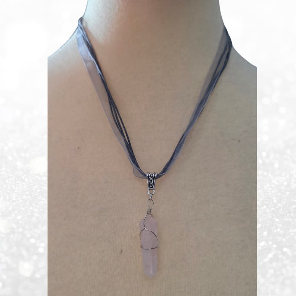 Rose Quartz Crystal Point Necklace | Wire Wrapped Pendulum & Choker - Thumbnail 7